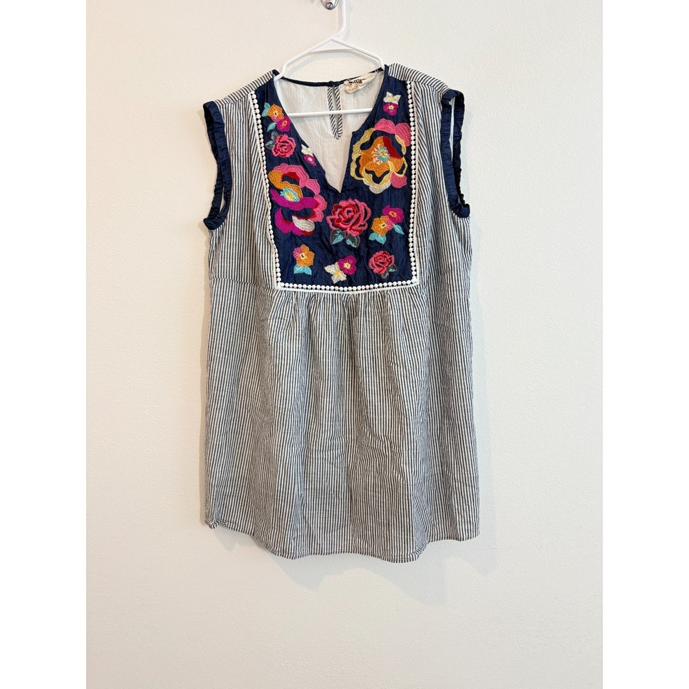Savanna Jane Tunic Dress 1X Women Mini Embroidery Striped Country Chic Boho